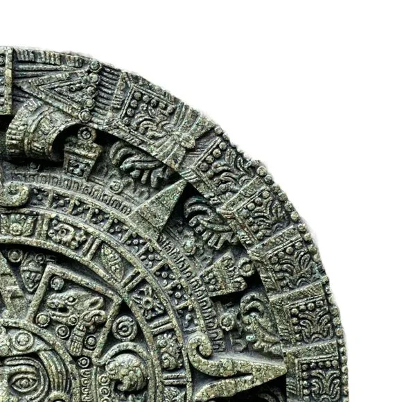 MCM Aztec Sun Stone Calendar-Marked Original Zarebski Crushed Green Stone 11.5"